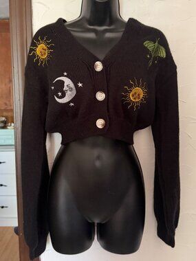 Celestial Cropped V-Neck Black Knit Cardigan Sweater Top — Medium